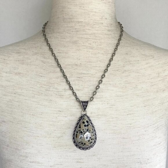 Artisan Silver Plated Bezel Set 2.46" Teardrop Dalmatian Jasper Pendant Necklace - Picture 1 of 16